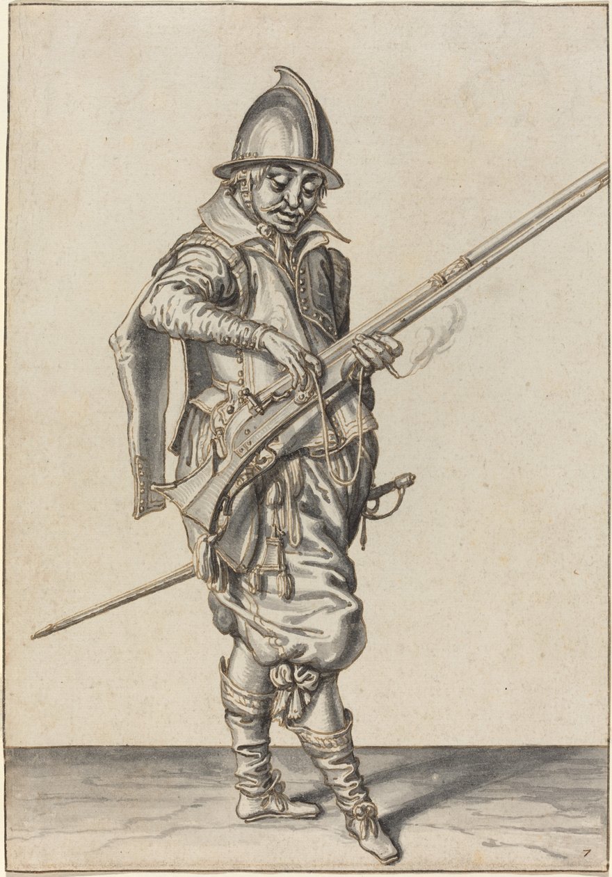 Elegánsan öltözött katona, aki arra készül, hogy tüzelje a nyakát alkotó: Jacques de Gheyn II