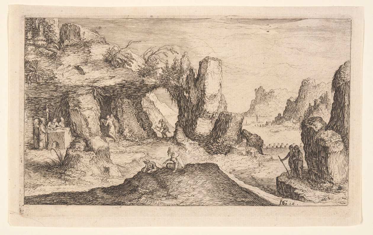 Tájkép barlanggal és remetékkel, a Tájképekből alkotó: Jacques de Gheyn II