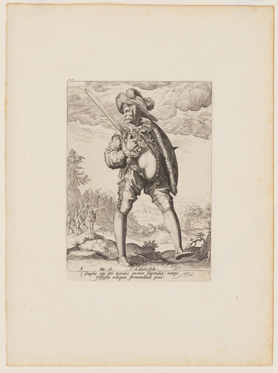 Katona, karddal és pajzzsal felfegyverkezve, II. Rudolf császár testőrségének tisztjei és katonái közül alkotó: Jacques de Gheyn II