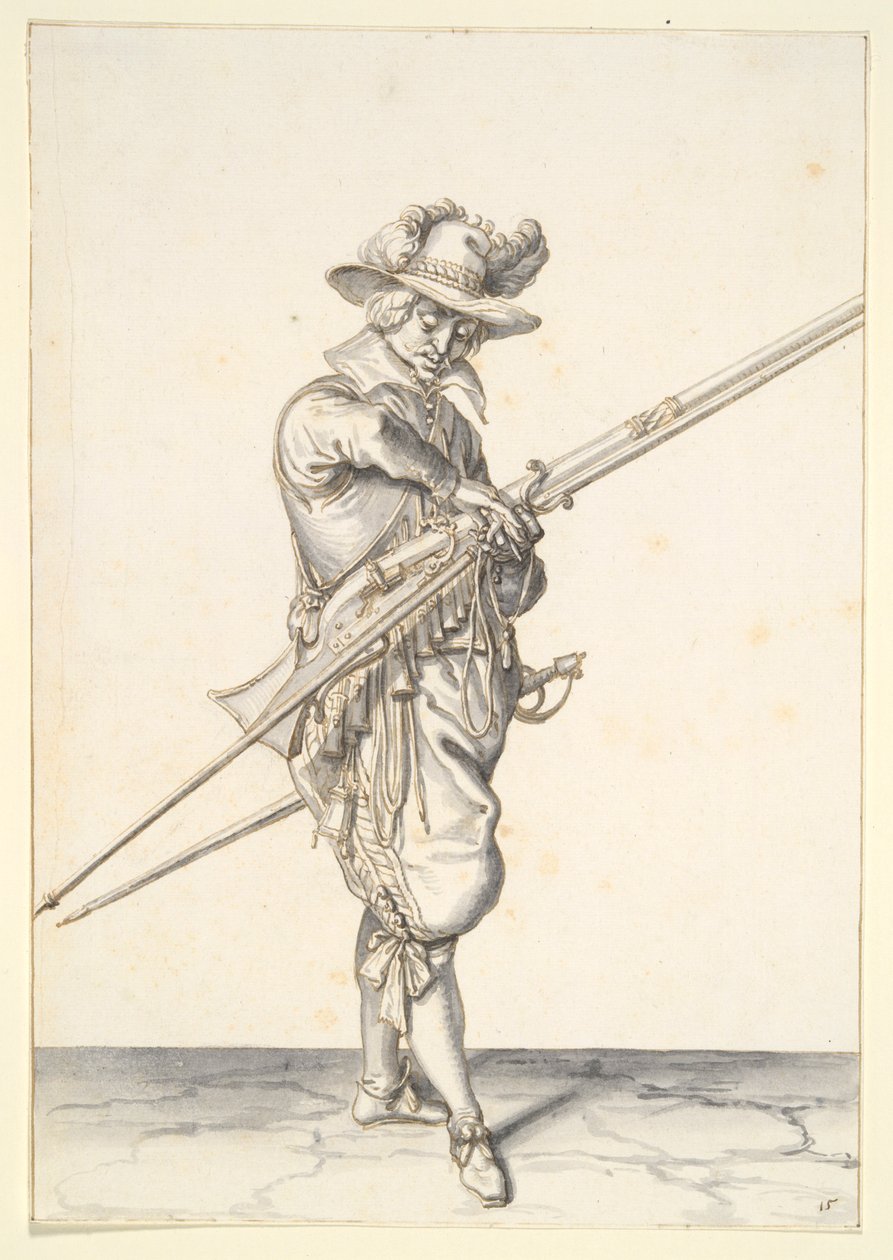 Katona muskéta tüzelésére készül alkotó: Jacques de Gheyn II
