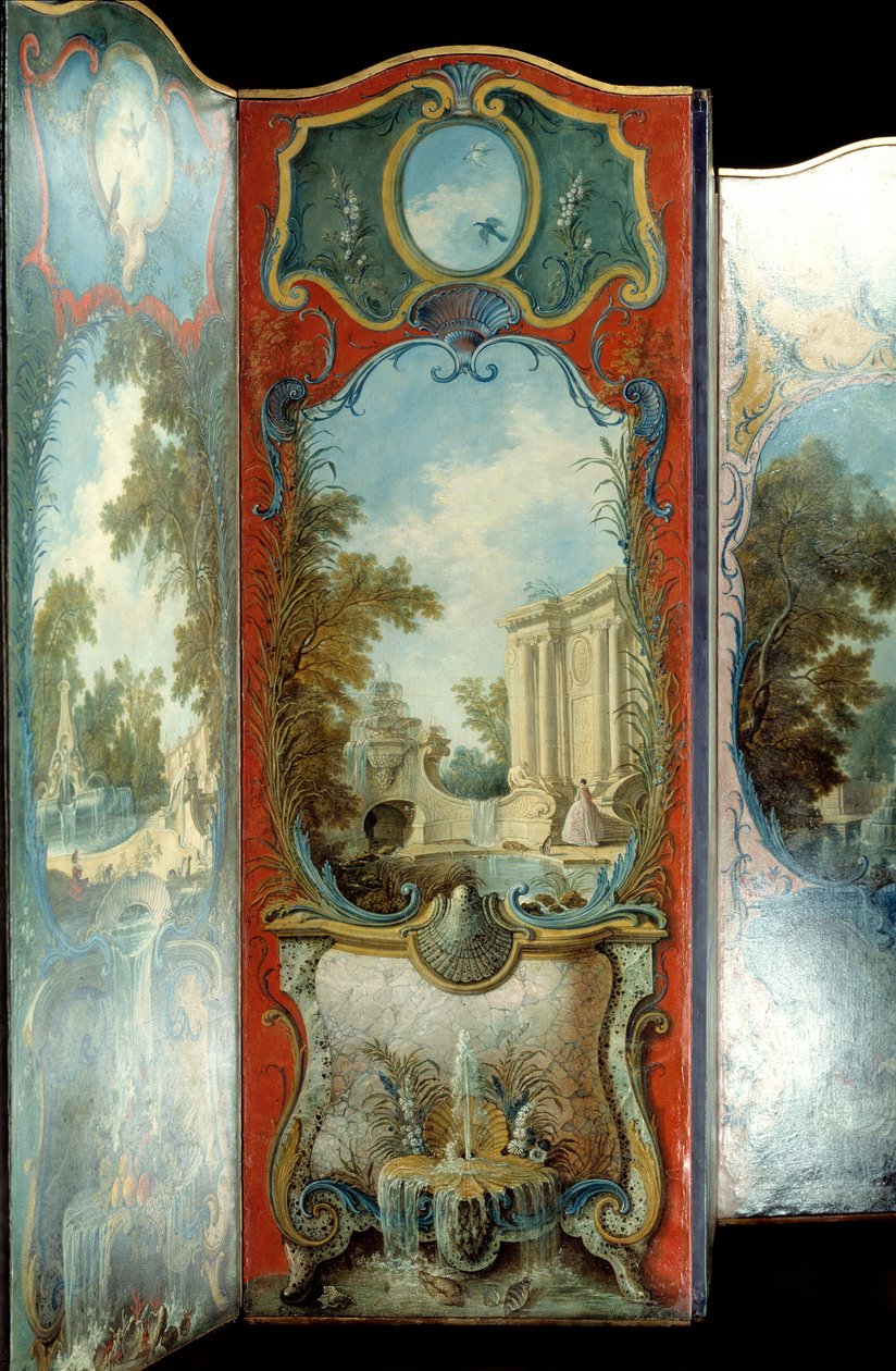 Bútorok: Jacques de Lajoue (1686-1761) maroufle papírra festett képernyője XVIII. alkotó: Jacques de Lajoüe
