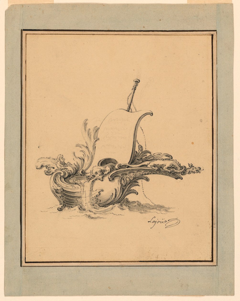 Rajz, vitorlás csónak formájú címerpajzs tervezete, a Recueil Nouveau de Differens Cartouches számára, 1734 alkotó: Jacques de Lajoüe