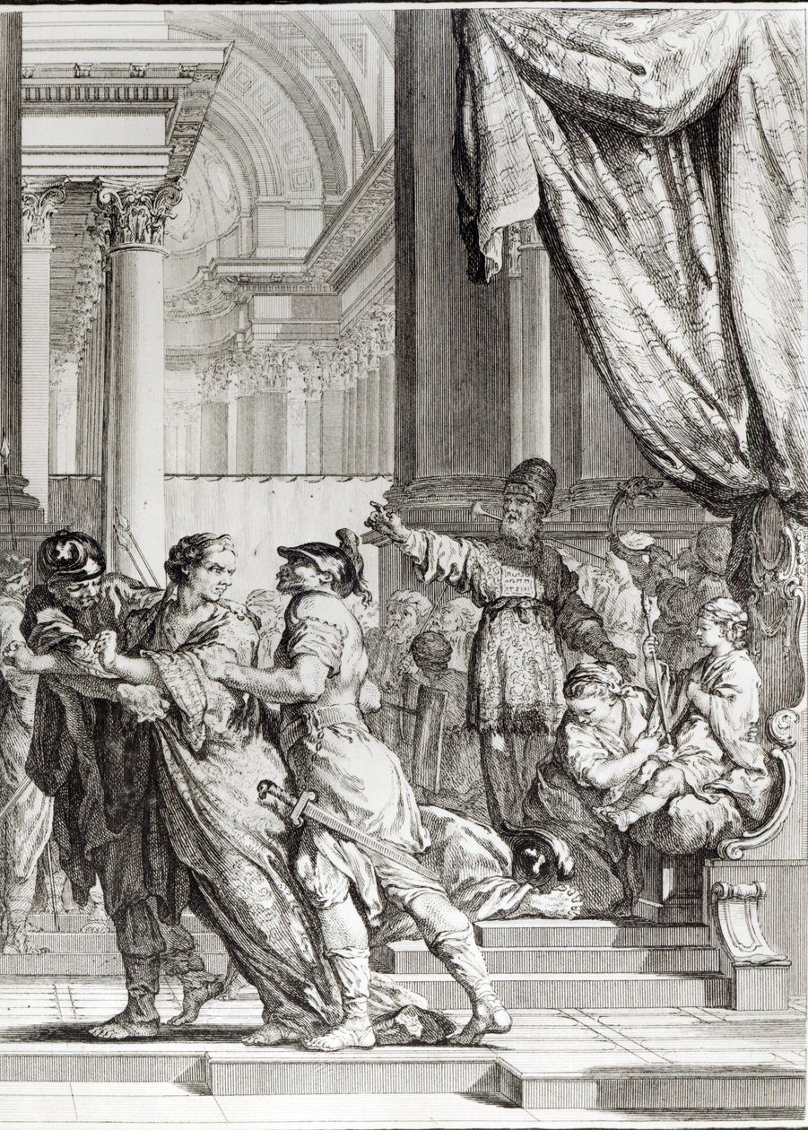 Jehoiada, Jeruzsálem főpapja, aki Joás herceget kikiáltja Júda királyává, jelenet Jean Racine (1639-99) Athalie című művéből, Jean-Jacques Flipart (1719-82) metszetében alkotó: Jacques de Seve