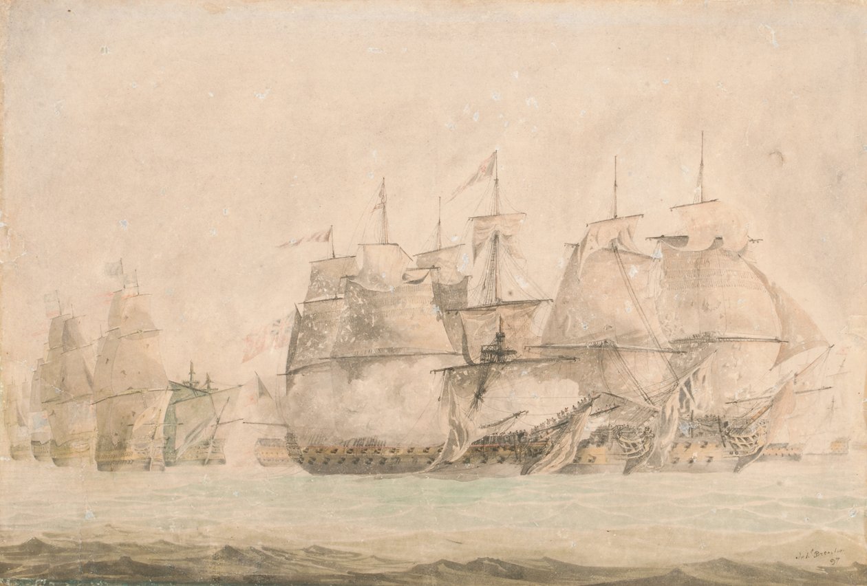 A St. Vincent-i csata, Nelson a "Kapitány" fedélzetén 1797. február 14-én a két csatahajó partraszállása és elfoglalása. alkotó: Jahleel Brenton