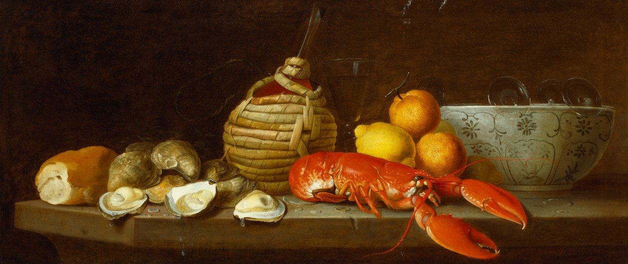 Kenyér, osztriga, Chianti lombik, homár, citrom, narancs és poharak porcelán tálban a párkányon alkotó: Jakob Bogdani or Bogdany