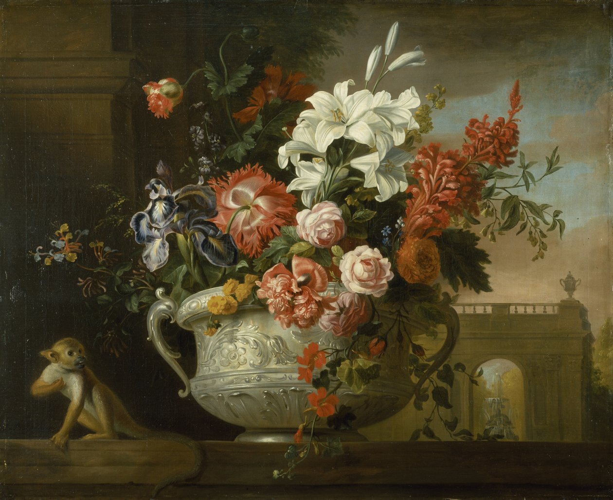 Csendélet virágokkal urnában, majommal, párkányon, 1699 körül (olaj, vászon) alkotó: Jakob Bogdani or Bogdany