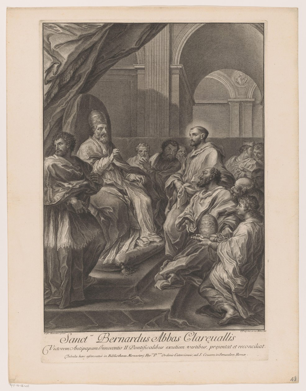 Heilige Bernardus van Clairvaux voor paus Innocent II Sanctus Bernardus Clareualis apátja (cím a tárgyon) alkotó: Jakob Frey (I)