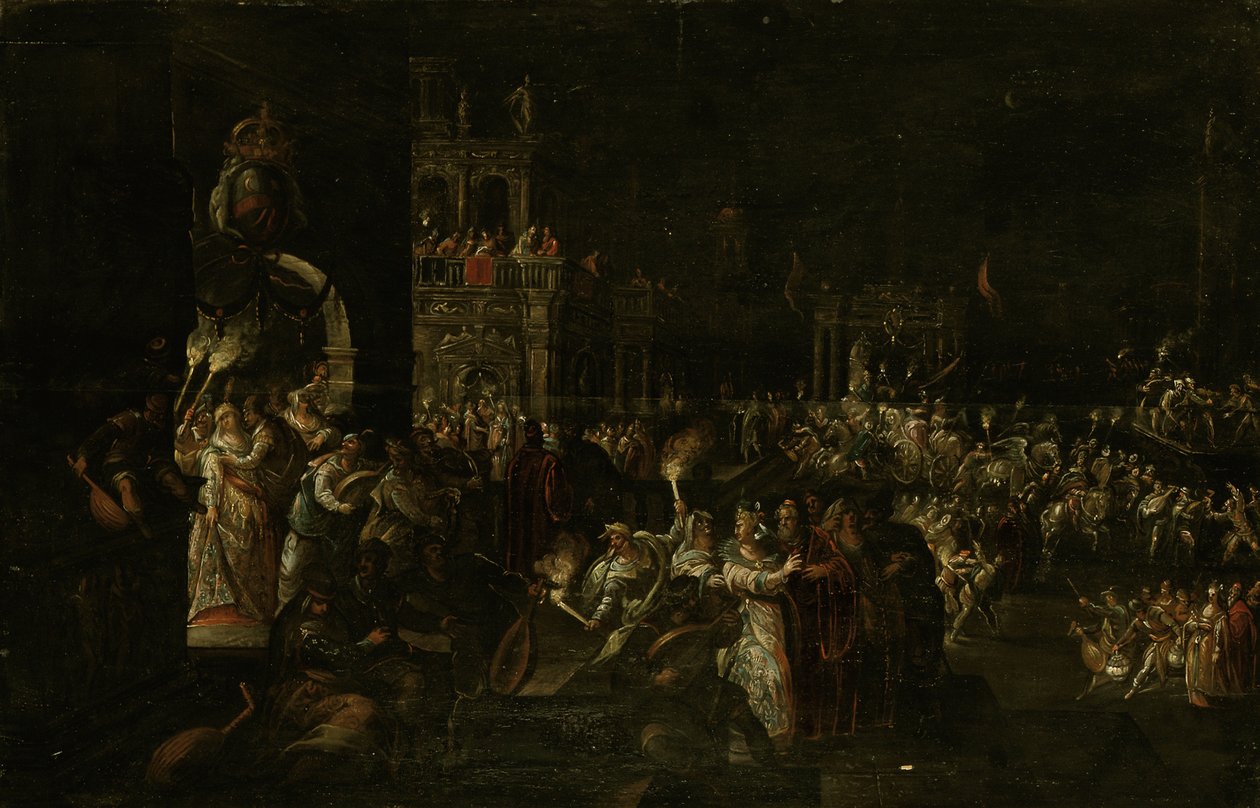 Karneváli este egy barokk téren alkotó: Jakob Isaaksz Swanenburgh