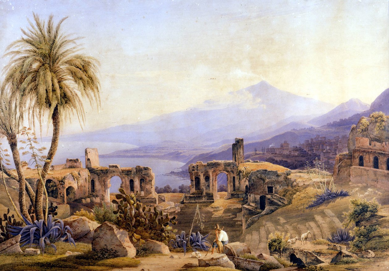Taormina Szicíliában: a romok és az Etna. Jacob Suter festménye, 1850 körül. alkotó: Jakob Suter