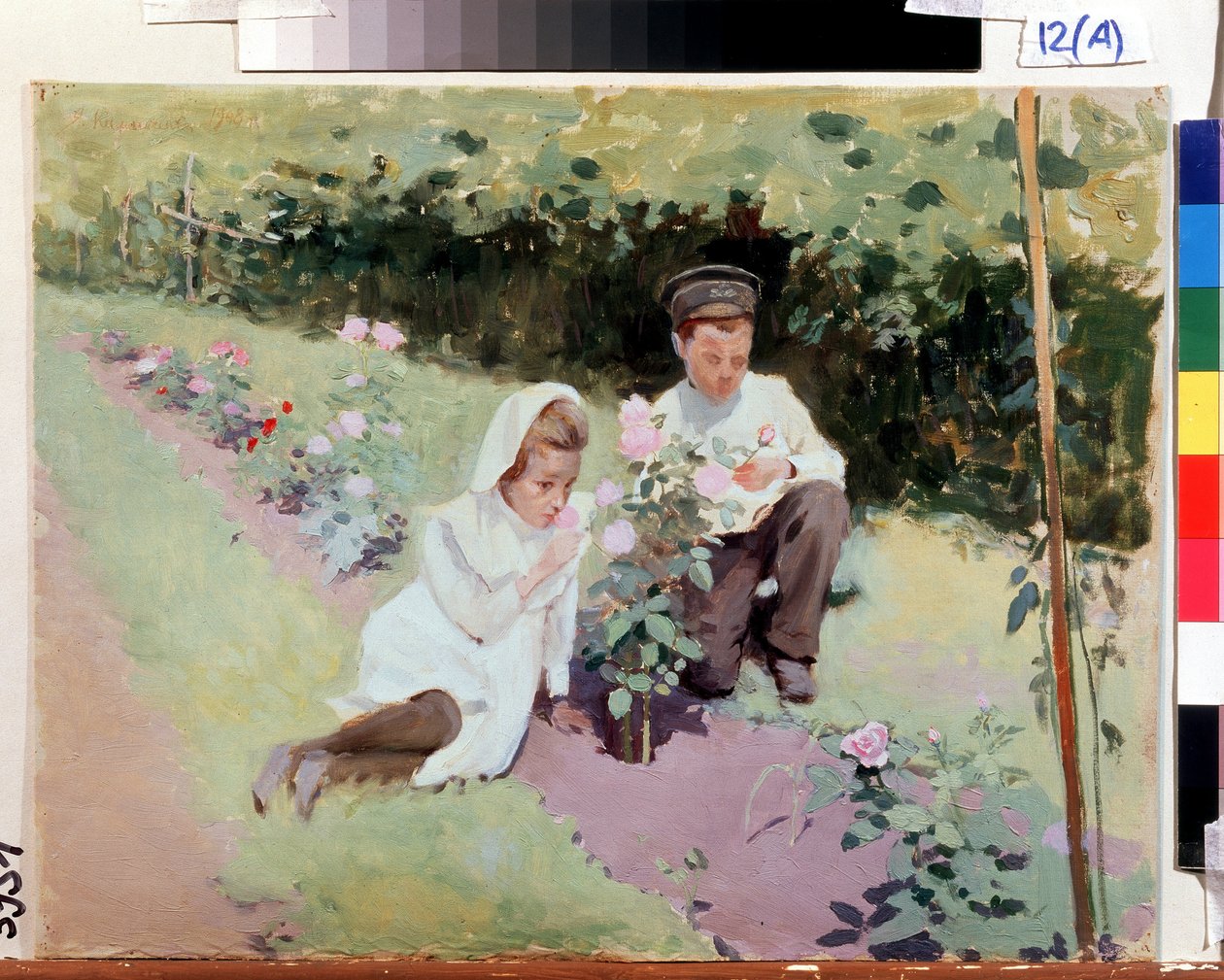 ""Au rosier"" Két gyerek egy rózsakertben. Jakov Kalinichenko (1869-1938) festménye 1908 Állami Regionális I. Pozhalostin Művészeti Múzeum, Ryasan alkotó: Jakoff Jakovlevitch Kalinitchenko