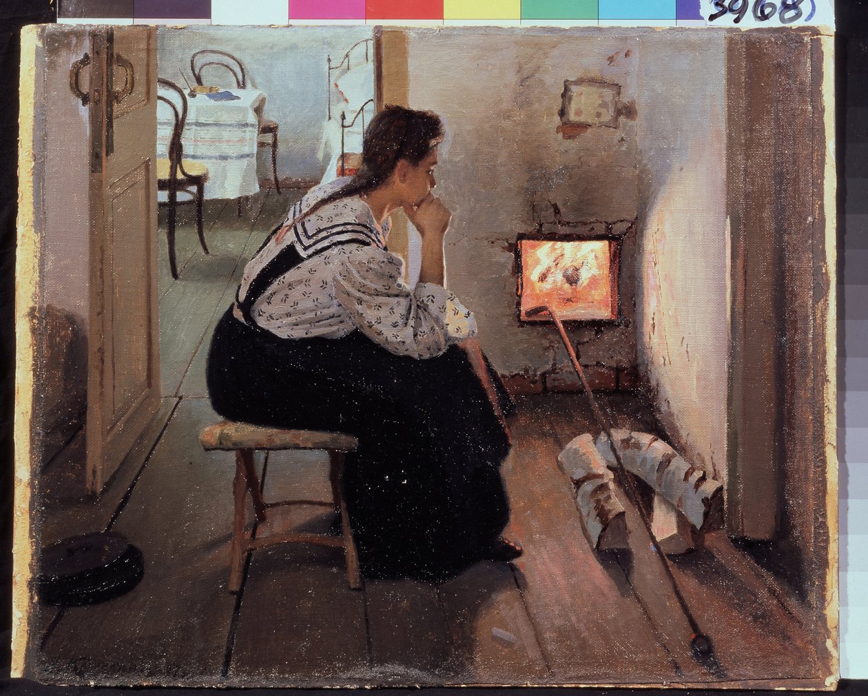 ""Gondolatok a tűzhelynél"" (Gondolatok a kályhánál) Egy fiatal nő töprengve ül a tűz előtt. Jakov Kalinichenko (1869-1938) festménye 1897 Állami Regionális I. Pozhalostin Művészeti Múzeum, Ryasan alkotó: Jakoff Jakovlevitch Kalinitchenko