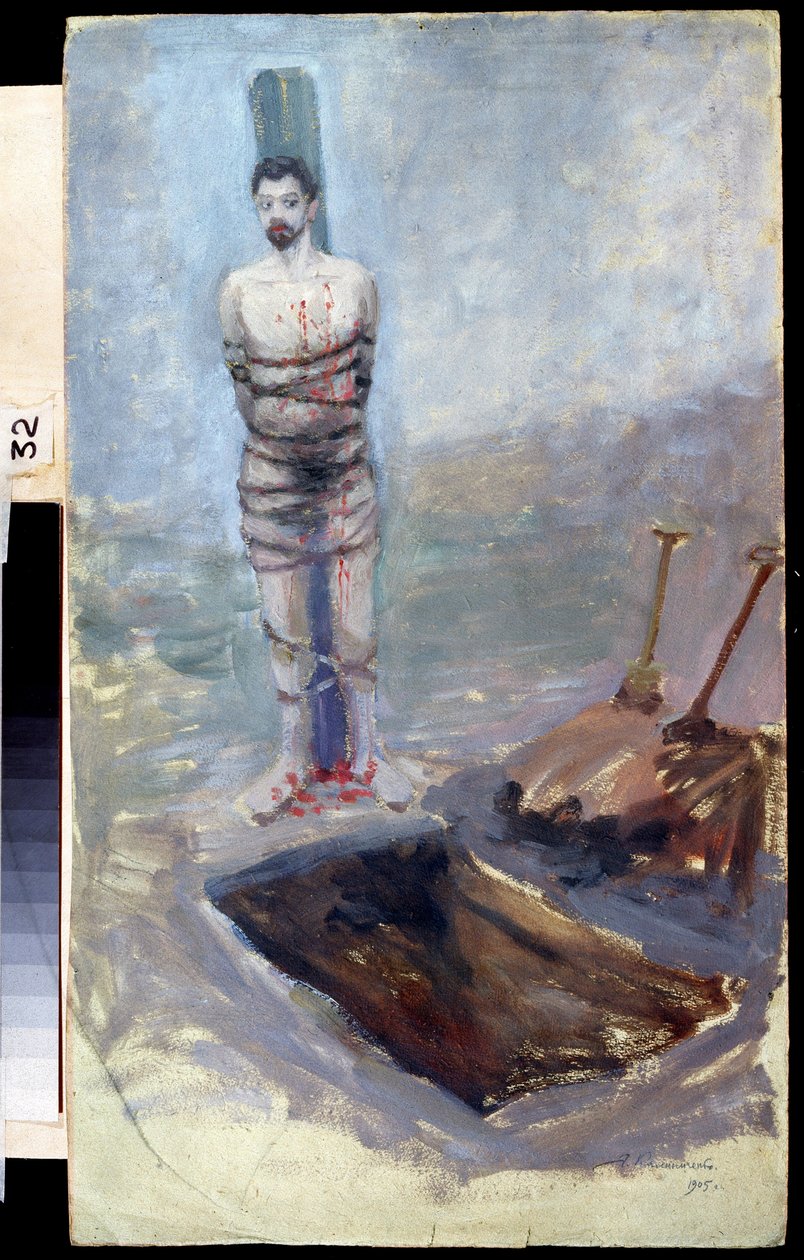 1905-ös orosz forradalom: ""A kivégzés"" Egy elítélt egy oszlophoz kötözve ásott sírja közelében. Jakov Kalinichenko (1869-1938) festménye 1905 Állami Regionális I. Pozhalostin Művészeti Múzeum, Ryasan alkotó: Jakoff Jakovlevitch Kalinitchenko