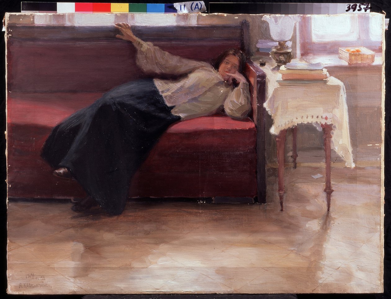 ""Álmok"" töprengő fiatal lány feküdt a kanapén. Jakov Kalinichenko (1869-1938) festménye 1904 Állami Regionális I. Pozhalostin Művészeti Múzeum, Ryasan alkotó: Jakoff Jakovlevitch Kalinitchenko