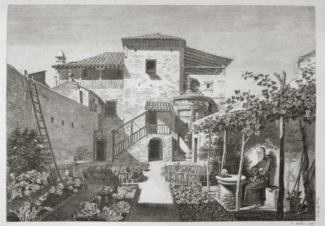 Lysicrates emlékműve a kapucinus kolostor kertjében, Athén, az "Athéni régiségek"-ből, metszet: Anthony Walker (1726-65), kiadó: 1762-1830. alkotó: after James Stuart and Nicholas Revett