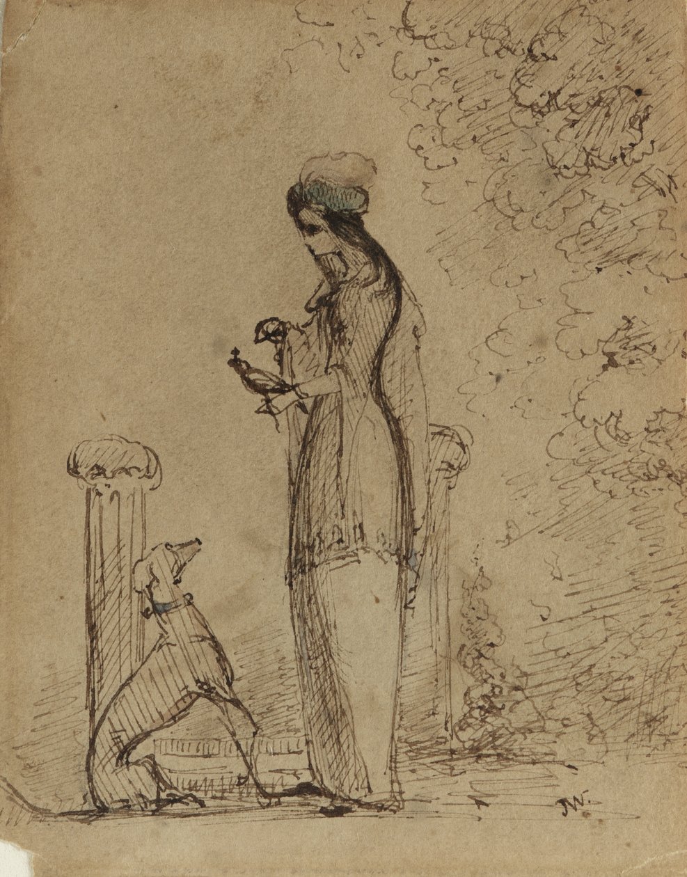 Nő kutyával és madárral, 1850-51 körül (toll és tinta világosbarna papíron) alkotó: James Abbott McNeill Whistler