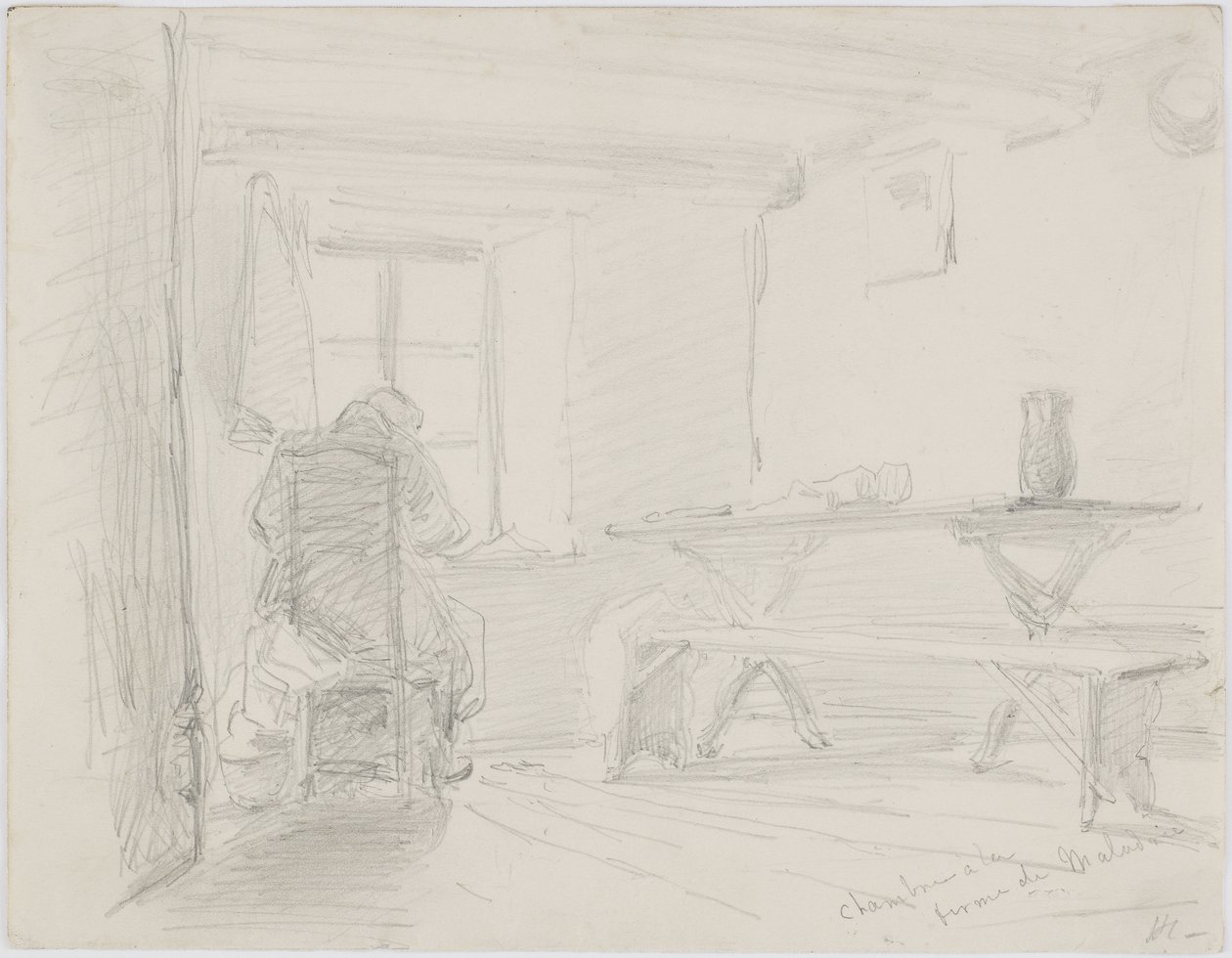 Chambre la Ferme de Maladrie, 1861 körül (ceruza fehér papíron); alkotó: James Abbott McNeill Whistler