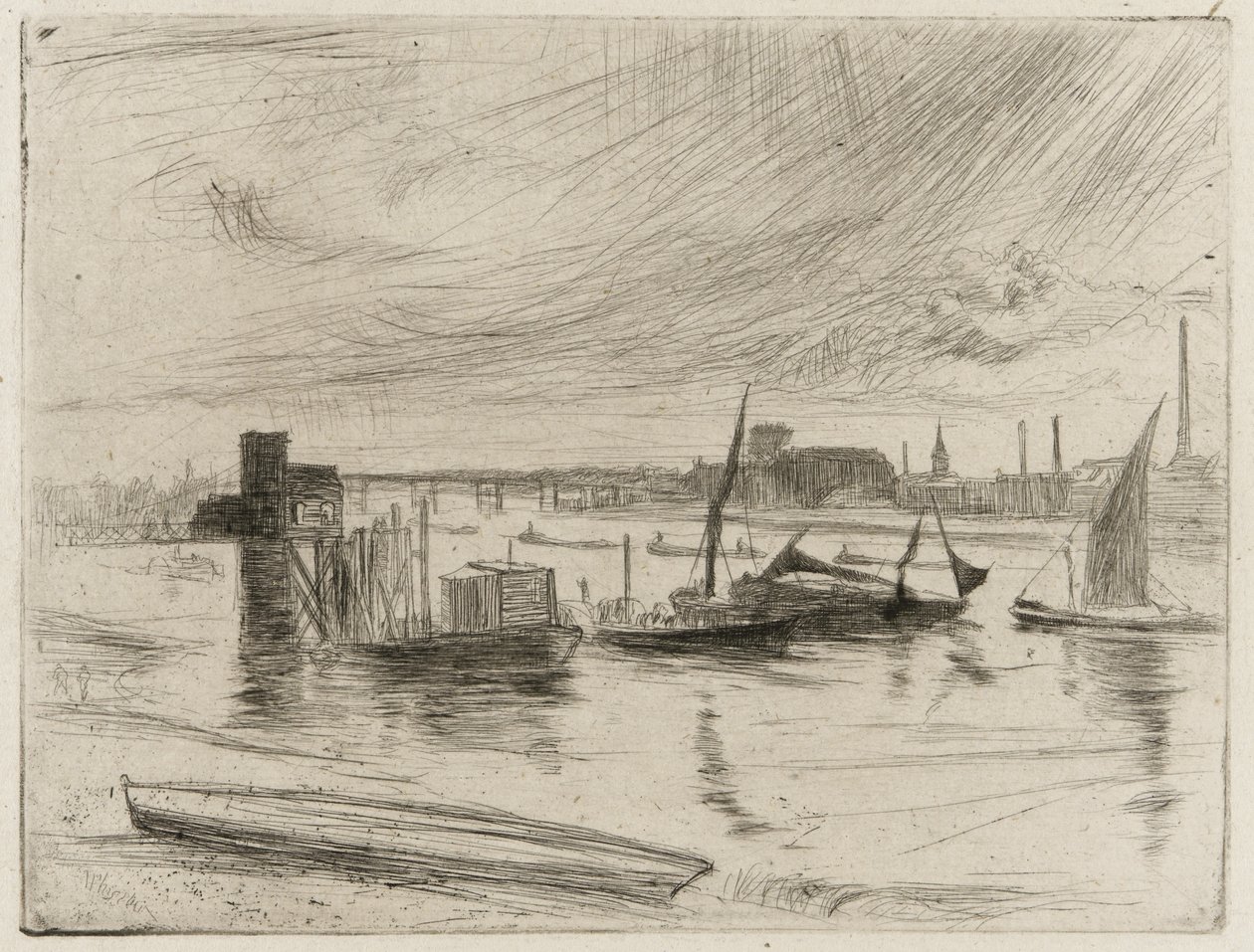 Early Morning, Battersea, 1861 (szárazpont papíron) alkotó: James Abbott McNeill Whistler