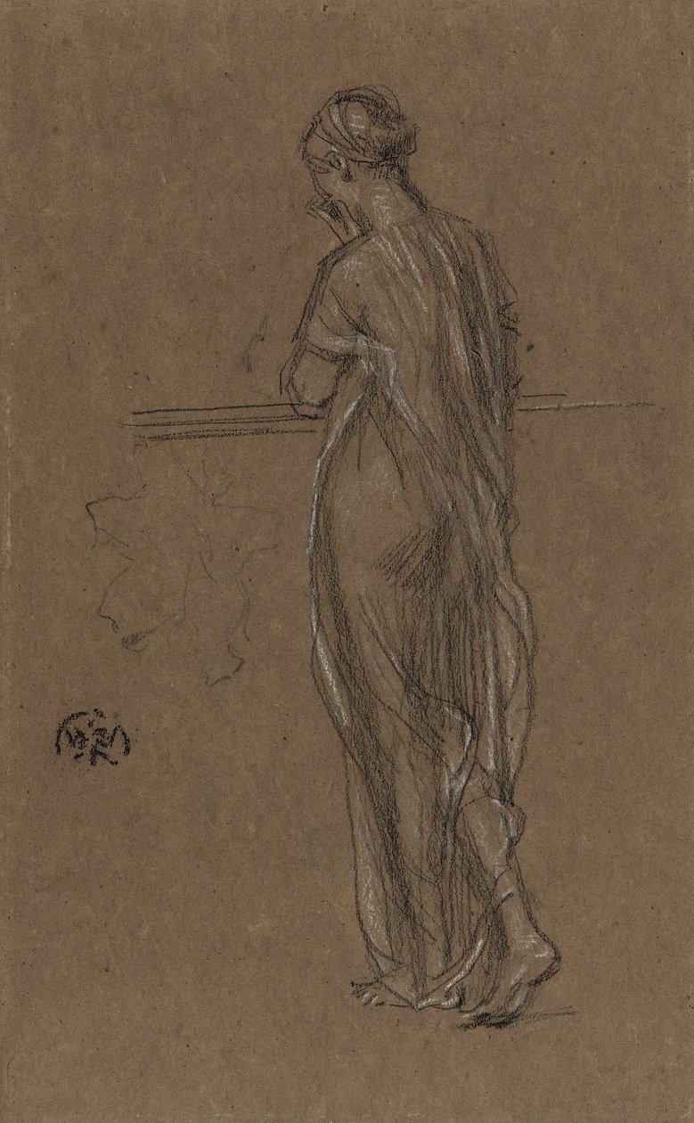 Álló, terített figura, 1868 körül (fekete és fehér kréta barna papíron) alkotó: James Abbott McNeill Whistler