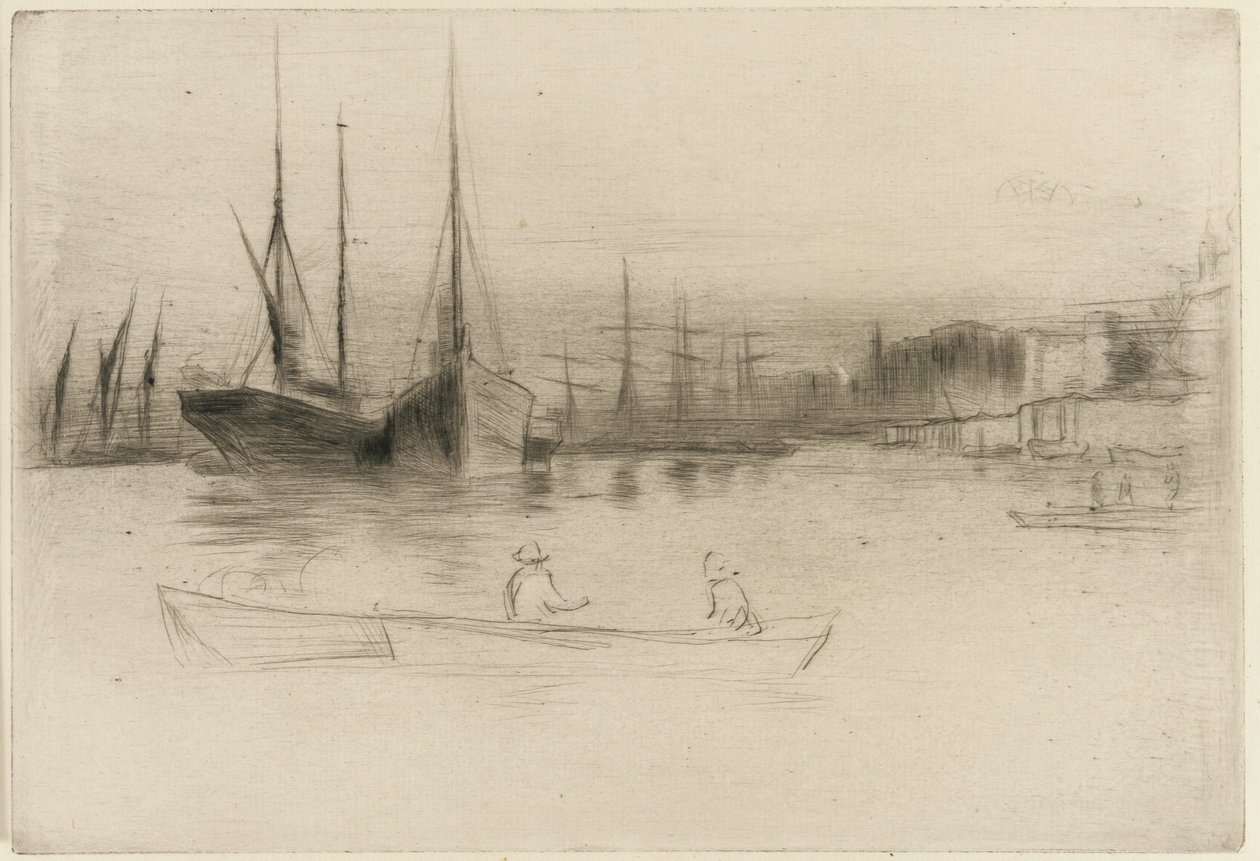 Gőzhajók a torony mellett, 1875 (szárazpont papíron) alkotó: James Abbott McNeill Whistler