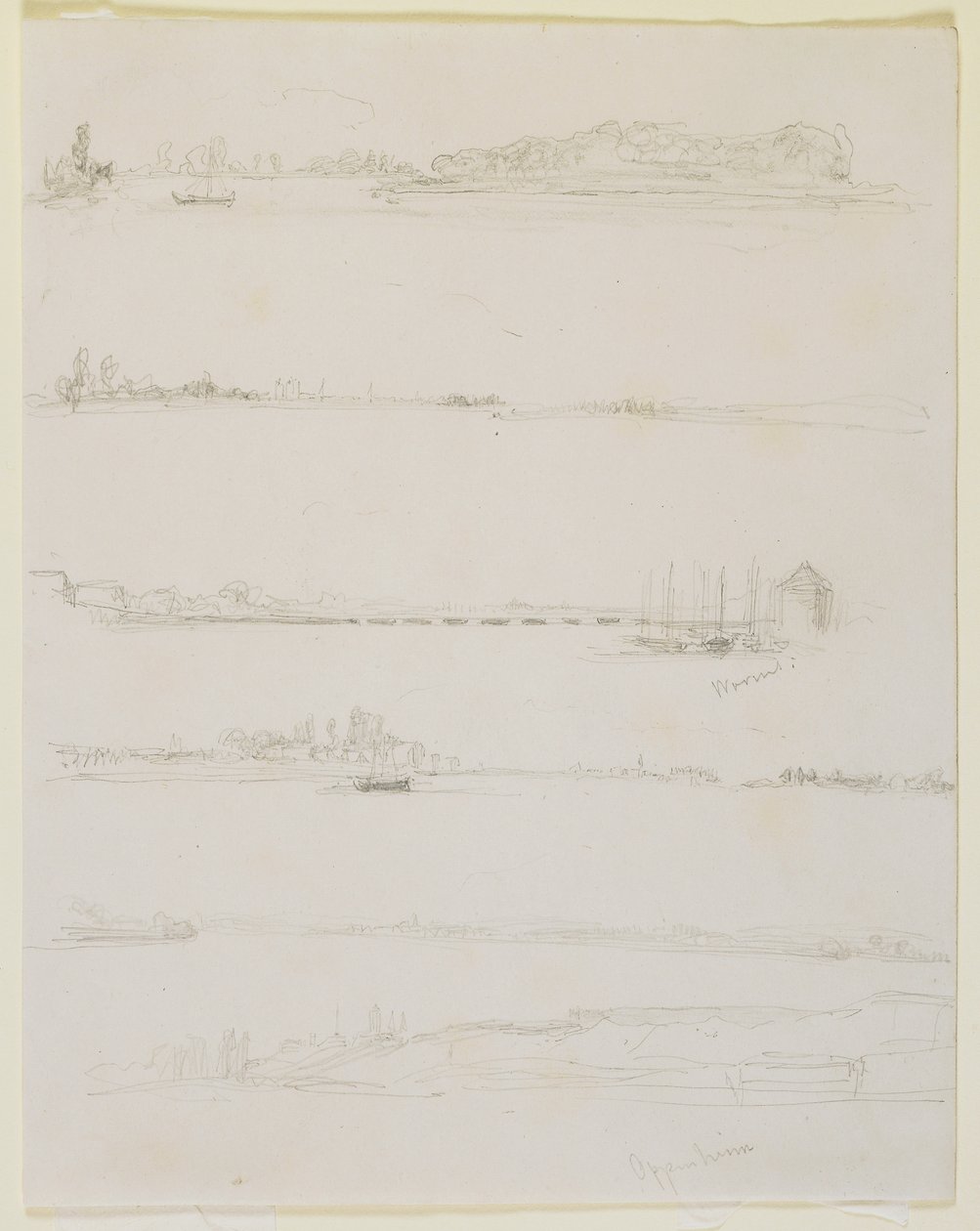 A Rajna, Worms és Oppeheim közelében, 1858 (ceruza, törtfehér vattapapírra) alkotó: James Abbott McNeill Whistler