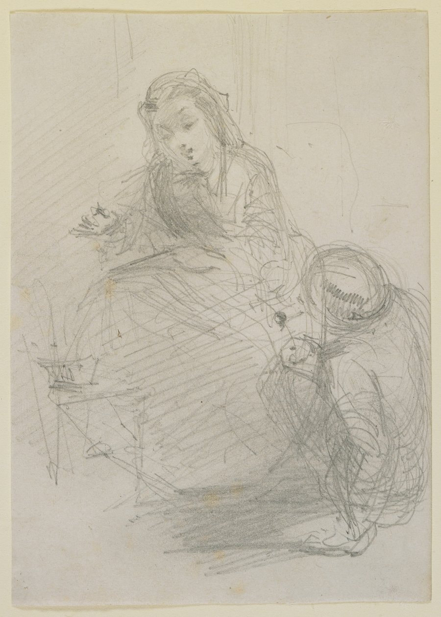 Két figura: egy lány ül és egy férfi a földön a bal oldalán, 1855-59 körül (ceruza törtfehér papíron) alkotó: James Abbott McNeill Whistler