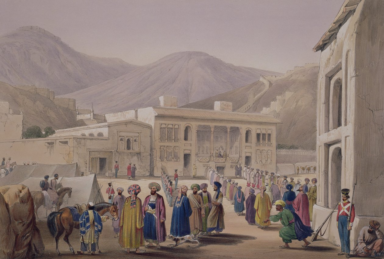 Shah Shoojah-Ool-Moolk Durbar-Khaneh-je, Caubulban, a „Vázlatok Afghaunisztánban” című művéből, Charles Haghe (1810-88) és Louis Haghe (1806-85) metszete, Henry Graves kiadója, 1842 alkotó: James Atkinson