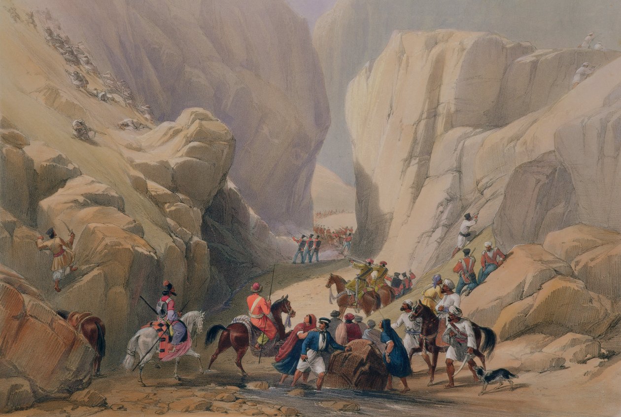A Siri Bolan feletti keskeny hágó nyílása a „Vázlatok Afganisztánban” című művéből, Charles Haghe (1810-88) és Louis Haghe (1806-85) metszete, Henry Graves, 1842 alkotó: James Atkinson