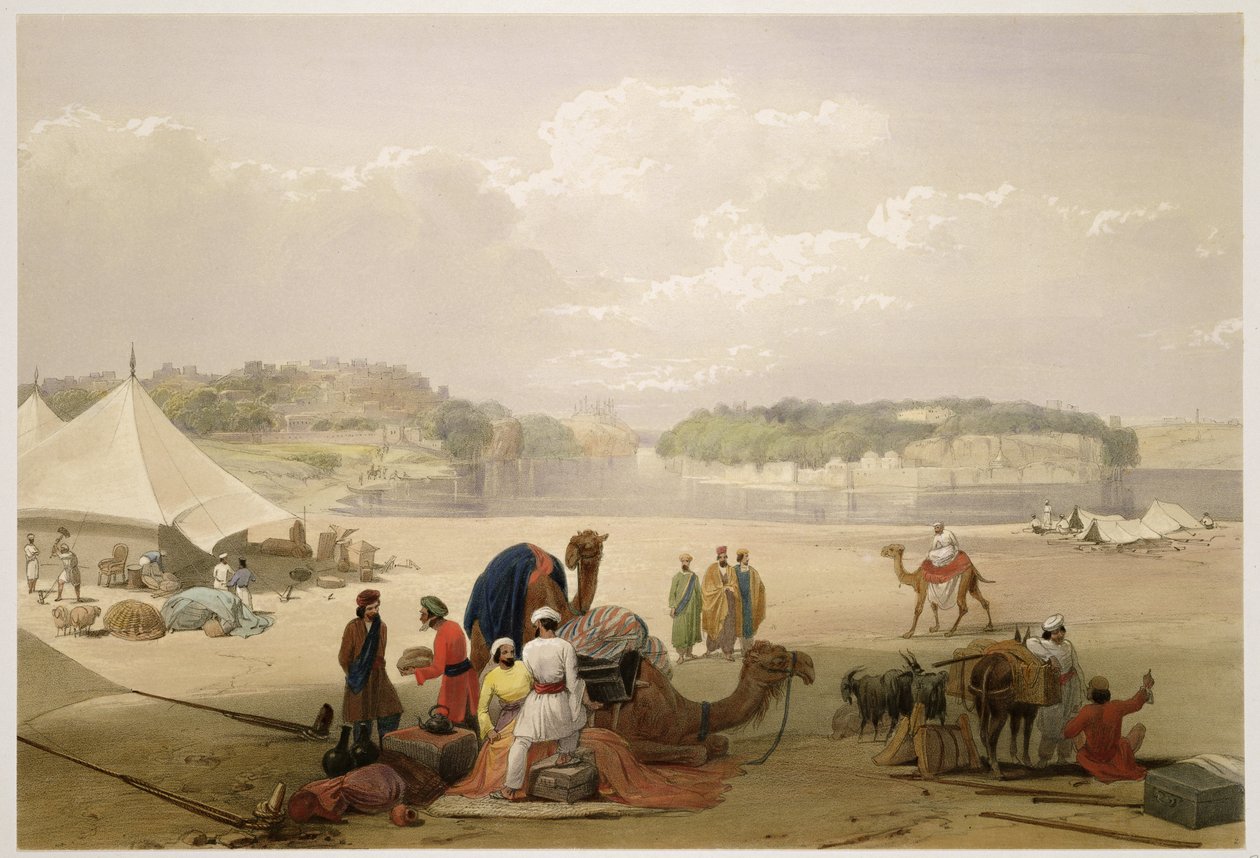 Roree városa és Bhukker erődje az Induson, a „Vázlatok Afganisztánban” című művéből, Charles Haghe (1810-88) és Louis Haghe (1806-85) metszete, Henry Graves, 1842 (li szín) alkotó: James Atkinson