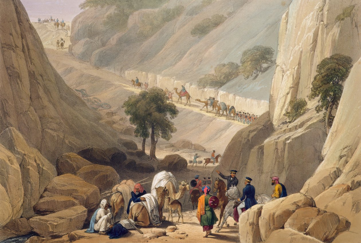 A Koojah-hágó szennyeződésének szűk részéből előtörő csapatok a „Vázlatok Afganisztánban” című művéből, Charles Haghe (1810-88) és Louis Haghe (1806-85) metszete, Henry Graves kiadója, 18 alkotó: James Atkinson