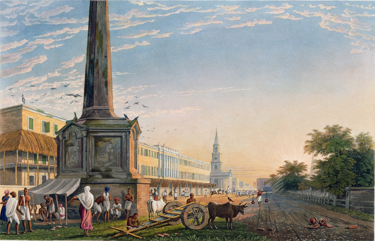 Writers Buildings from the Monument at the West End”, 2. tábla a „Kalkutta és környéke látképéből”, Robert Havell (1793-1878) metszete, 1824-ben megjelent (kézzel színezett akvatinta) alkotó: James Baillie Fraser
