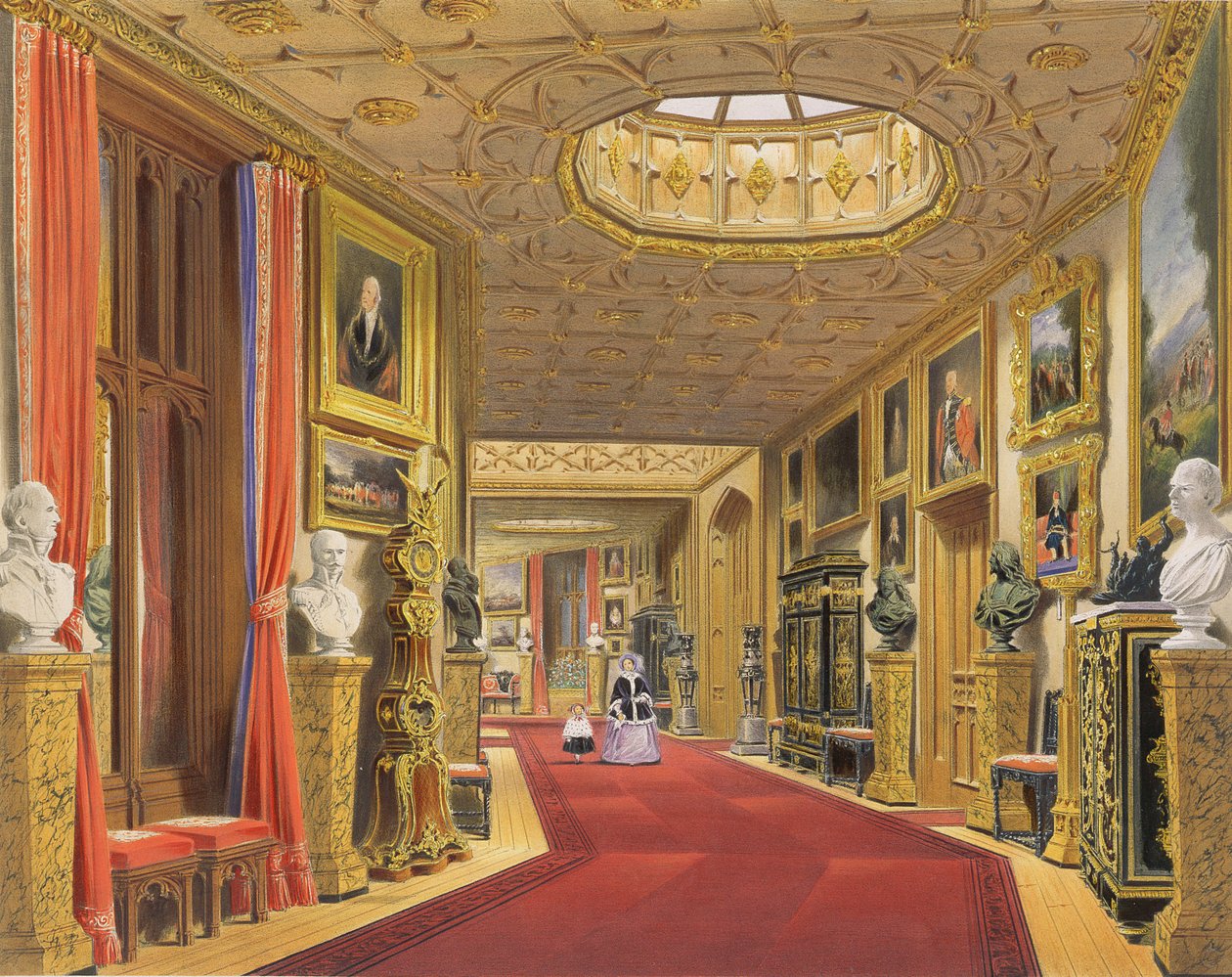 A keleti folyosó szöge, windsori kastély, „Windsor és környező táj”, 1838 (chromolitho) alkotó: James Baker Pyne