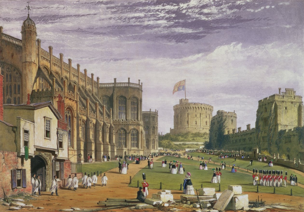 Alsó negyed kilátással a Szent György-kápolnára és a Kerek toronyra, Windsori kastély, 1838 alkotó: James Baker Pyne