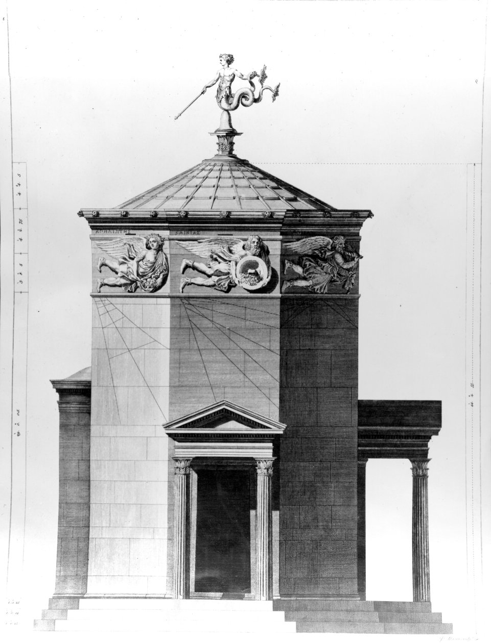 A Szelek tornyának rekonstrukciója az athéni római agorán, 1762-ben készült metszet. alkotó: James Basire