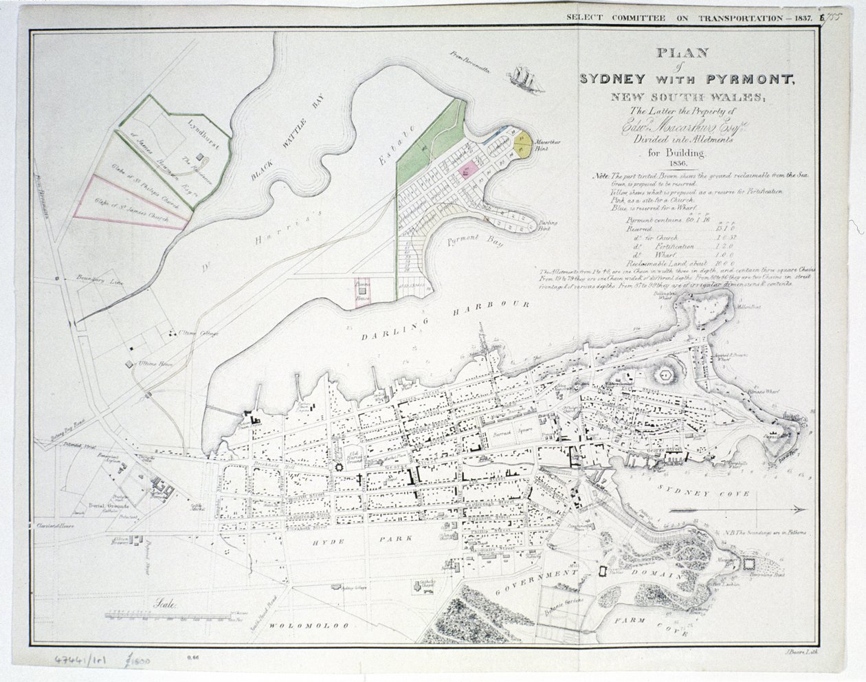 Sydney terve Pyrmont-tal, Új-Dél-Wales, az utóbbi Edward Macarthure Esquire ingatlana, 1836-ban, kiadó: James und Luke G. Hansard und Sons, London, 1837 alkotó: James Basire