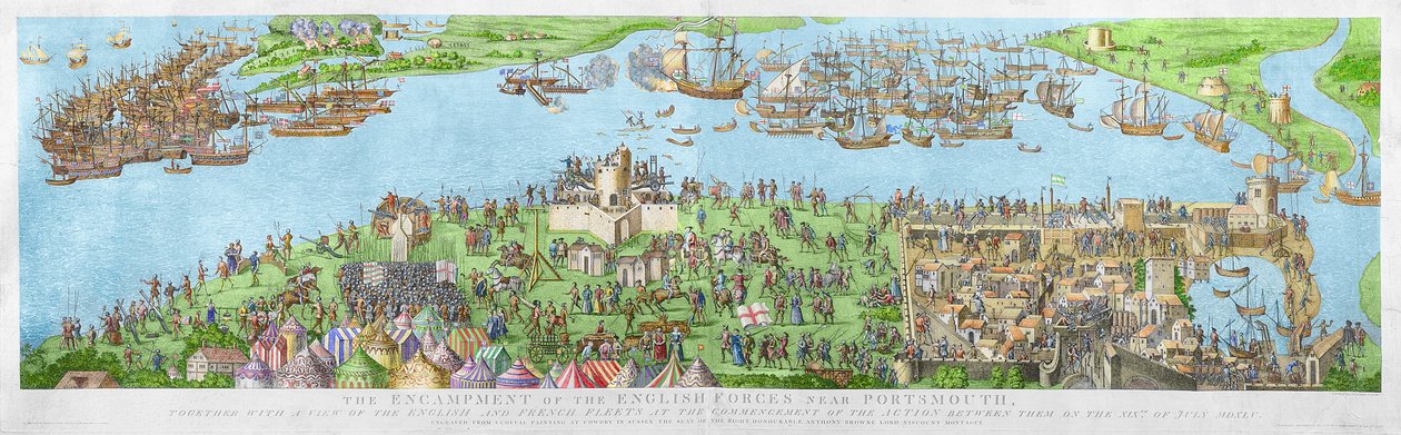 Az angol erők táborozása Portsmouth közelében a solenti csata idején, 1778 (metszet) (későbbi színezés) alkotó: James Basire