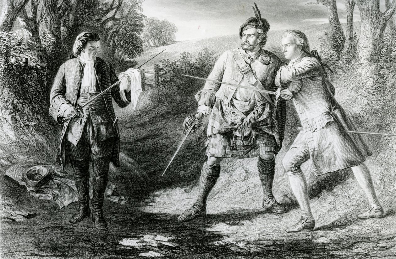 Rob Roy Parting párbajozók, Rashleigh és Francis Osbaldistone, metszett: John Le Conte (fl.1850-86) 1867 alkotó: James Blake McDonald