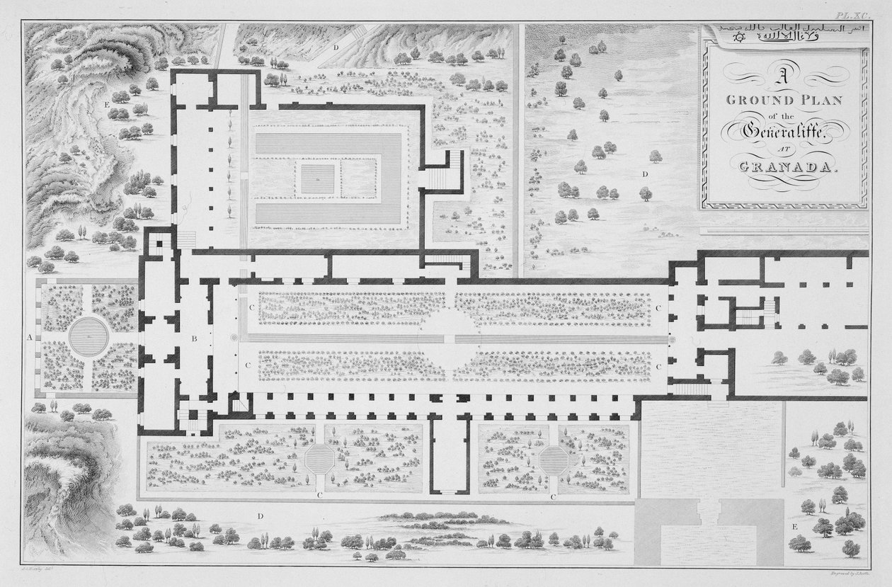 A granadai Generalife kertjeinek alaprajza a „Spanyolország arab régiségei” című művéből, John Roffe (1769-1850) metszetében, 1815-ben. alkotó: James Cavanagh Murphy