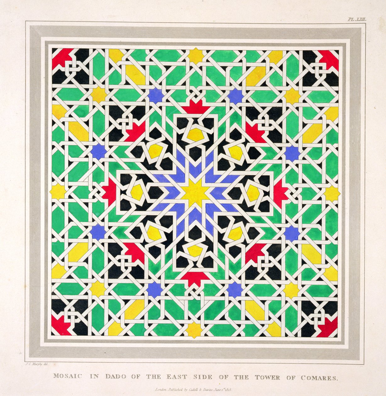 Mozaik a Comares-torony keleti oldalának dadójában, Alhambra, „The Arabian Antiquities of Spain” című könyvből, 1815-ben alkotó: James Cavanagh Murphy