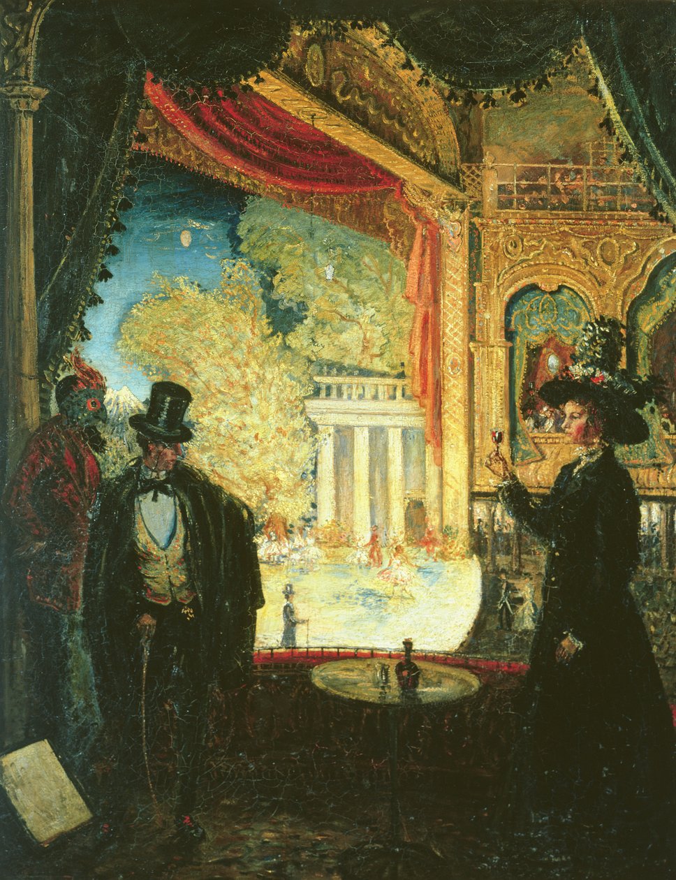Jelenet a színházban: Előadás egy dobozból, amelyben három alak áll, 1908 alkotó: James Dickson Innes