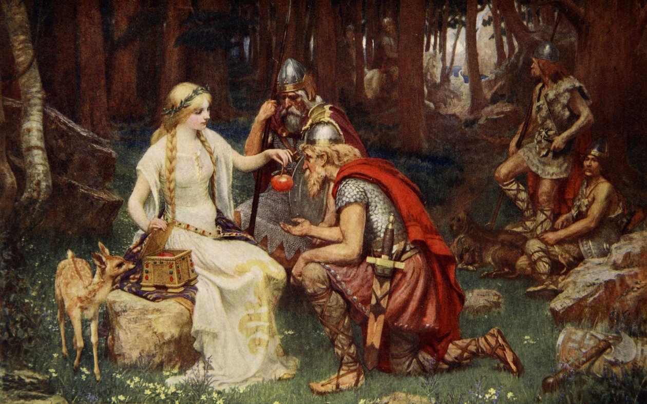 Idun és az almák, illusztráció Donald A. Makenzie „Teuton mítoszok és legendák” című művéből, 1890 alkotó: James Doyle Penrose
