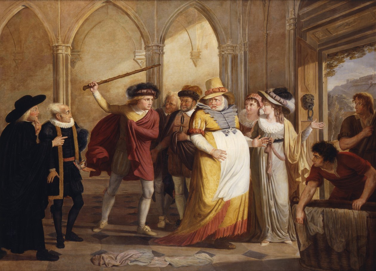 Falstaff álruhában, Mrs Page által kivezetve, 4. felvonás 2. jelenet, A windsori víg nőkben, William Shakespeare (1564-1616), 1805 körül. alkotó: James Durno