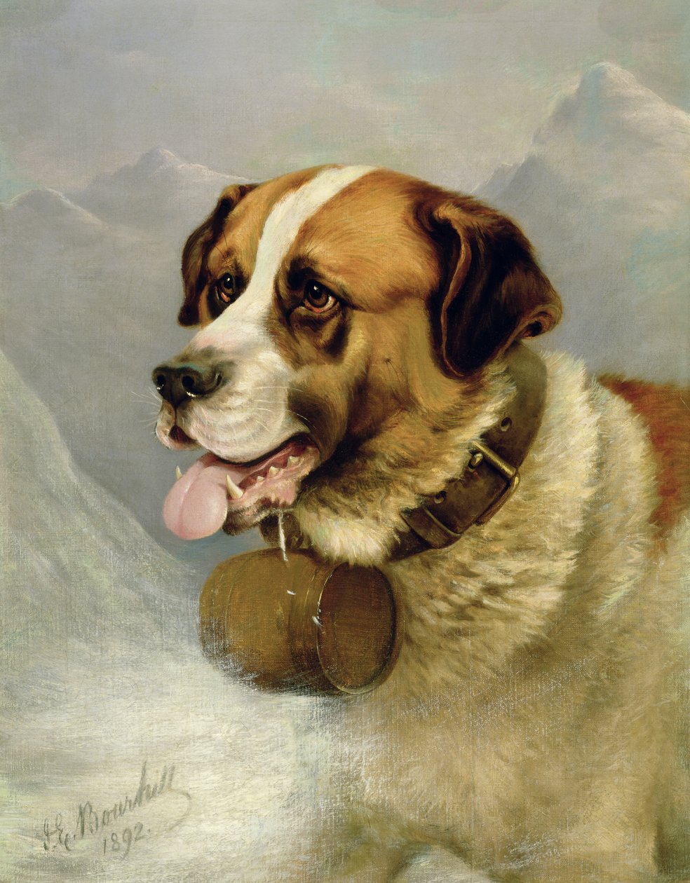 Szent Bernát portréja alpesi tájon alkotó: James E. Bourhill