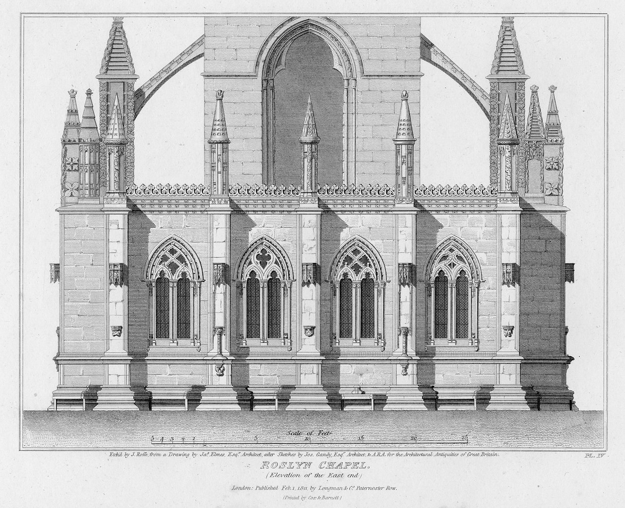 Roslyn-kápolna, a keleti vég kiemelkedése, J. Roffe metszete, 1811 alkotó: James Elmes