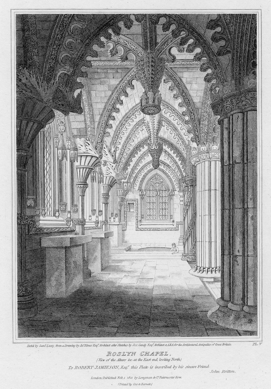 Roslyn-kápolna, a keleti végén lévő oltárok északi nézete, Samuel Lacey metszete, 1811 alkotó: James Elmes