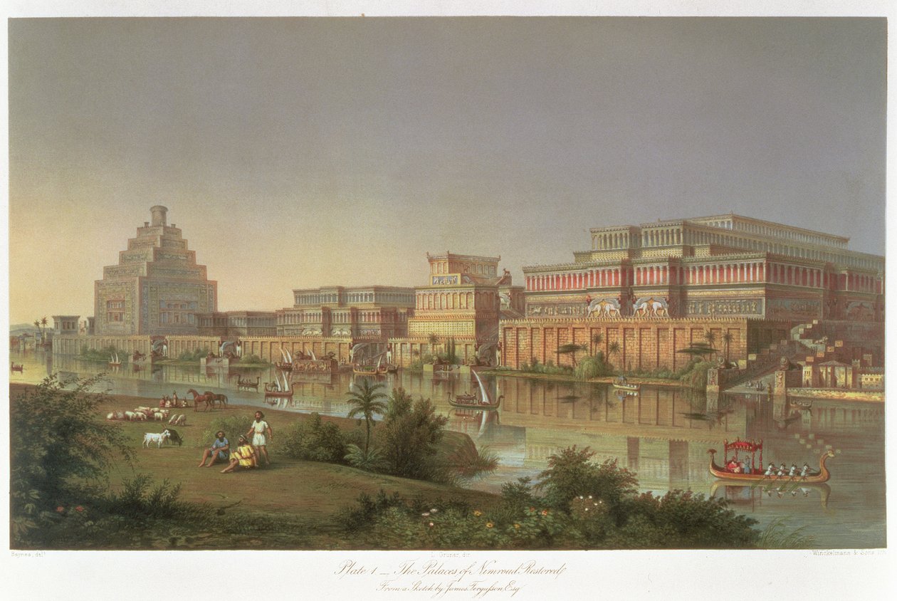 The Palaces of Nimrud Restored, az Ashurbanipal által a Tigris partján épített paloták rekonstrukciója, Austen Henry Layard (1817-94): Discoveries in the Ruins of Nineveh and Babylon című művéből. alkotó: James Fergusson