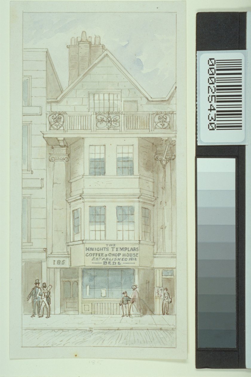 Kilátás a sz. 185 Fleet Street, a Knights Templars Coffee and Chop House mellett sétáló alakokkal, 1820 körül alkotó: James Findlay