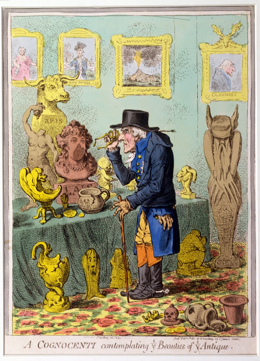 A Cognocenti Contemplating Ye Beauties of Ye Antique, kiadta Hannah Humphrey 1801-ben (kézzel színezett metszet) alkotó: James Gillray