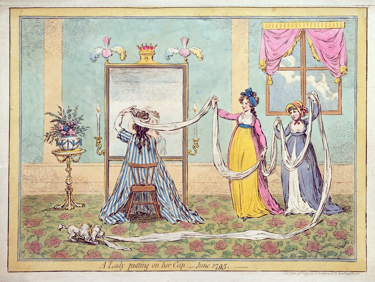 Egy hölgy sapkáját viselő, 1795-ben megjelent (kézzel színezett rézkarc) alkotó: James Gillray
