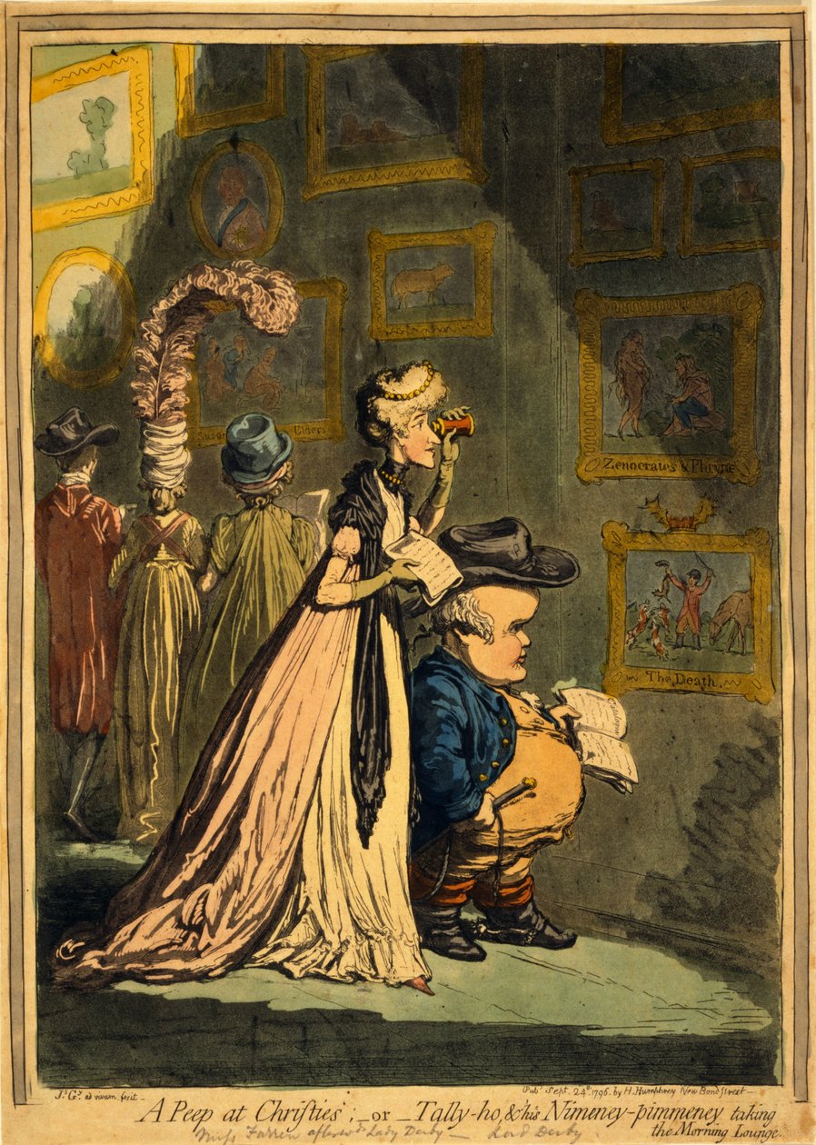 A Peep at Christies, vagy Tally-ho és az ő Nimeney-Pimmeney figyelembe a Morning Lounge, pub. 1796 (kézi színezett metszet) alkotó: James Gillray