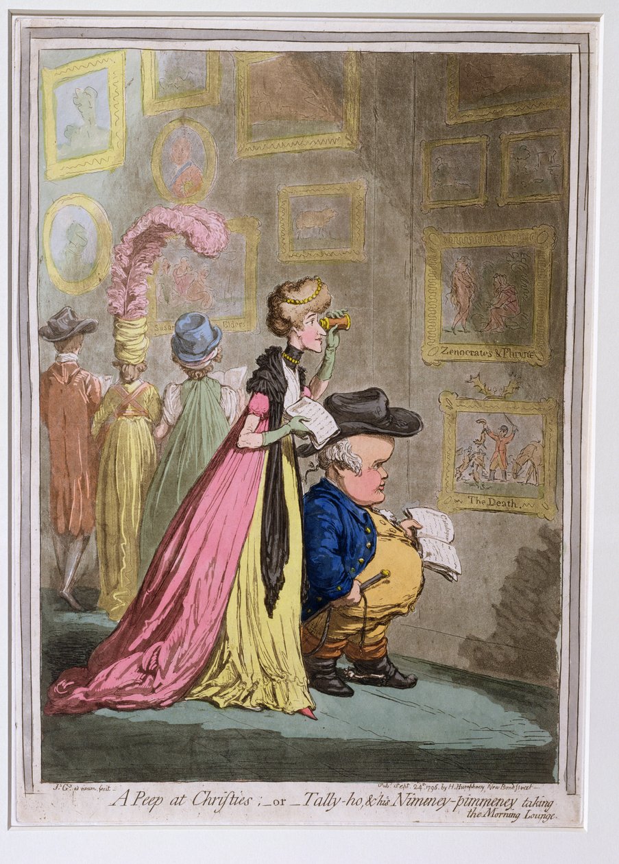 A Peep at Christies vagy Tally-ho és Nimeney-pimmeney Taking the Morning Lounge című műve, amelyet Hannah Humphrey adott ki 1796-ban (rézkarc, metszet, akvatinta és wc papíron) alkotó: James Gillray